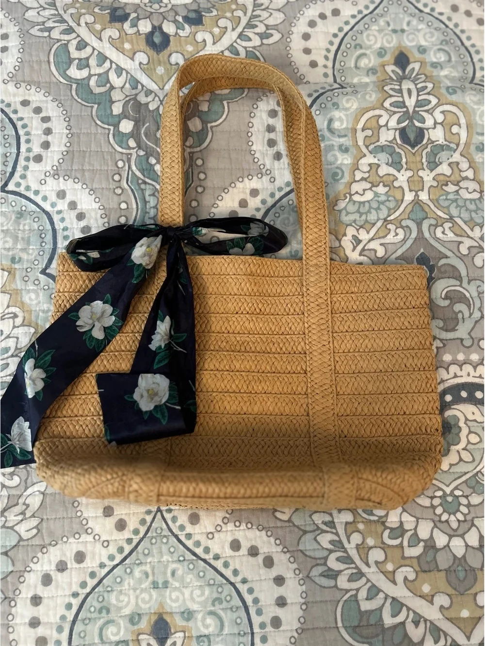 Draper James Straw Tote Bag with Floral Scarf Accent